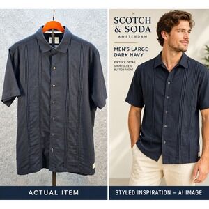 Scotch & Soda Button Front Shirt Mens Pintuck Short Sleeve Navy L Excellent Cool